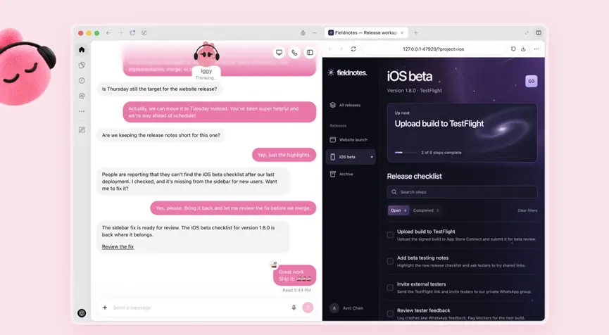 dots chat beside an iOS beta release checklist and TestFlight upload progress
