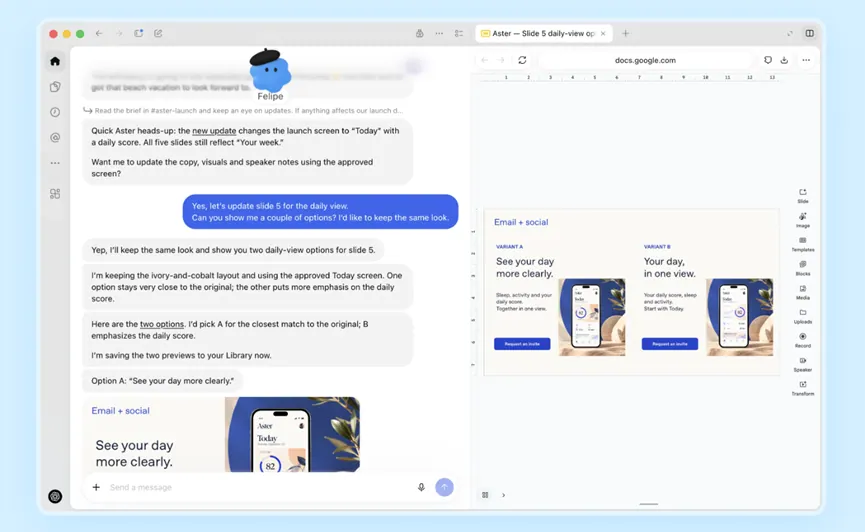 dots revising launch slide options beside a Docs email-and-social draft
