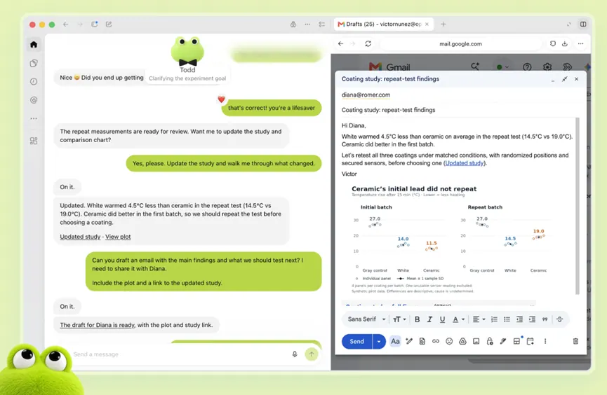 Research workflow: dots updates a coating study and drafts findings email with a plot